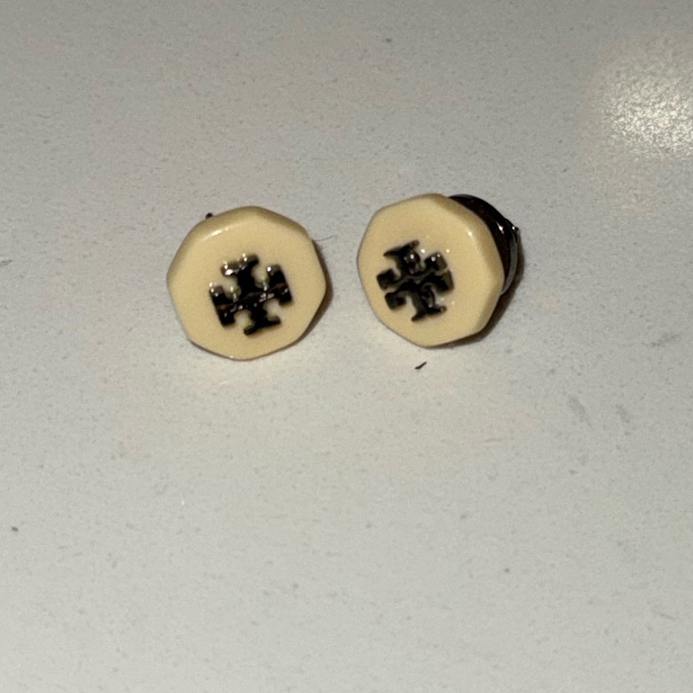 Tory Burch Cream Enamel & Silver Logo Stud Earrings